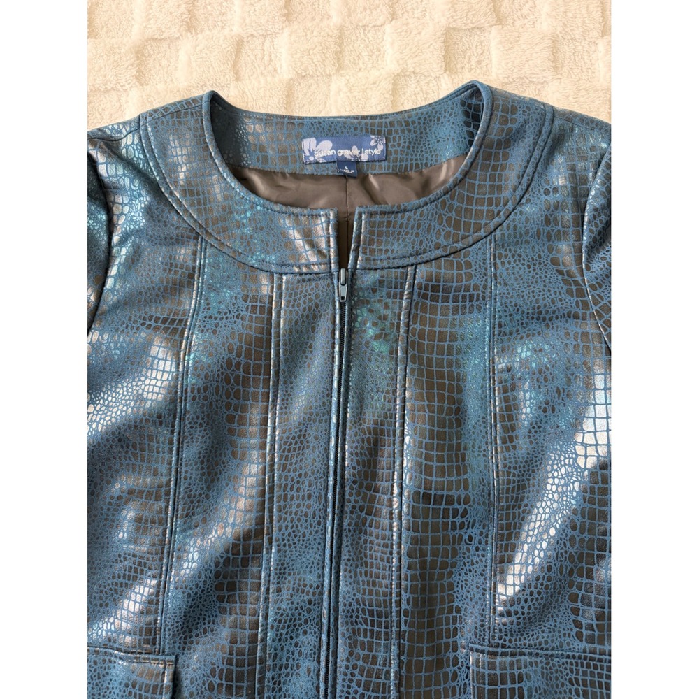 Susan Graver/Style Teal Blue Crocodile Embossed Faux Leather Zip Jacket Large